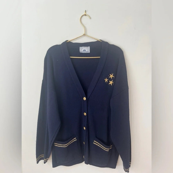 Navy and gold vintage embroidered knit cardigan sweater - Picture 1 of 5
